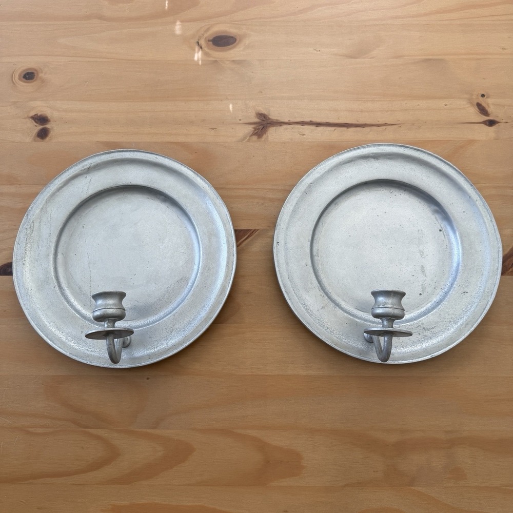 Vtg Pewter Plate Wall Sconces Candle Holders Colonial Olde Bradford Co Castle